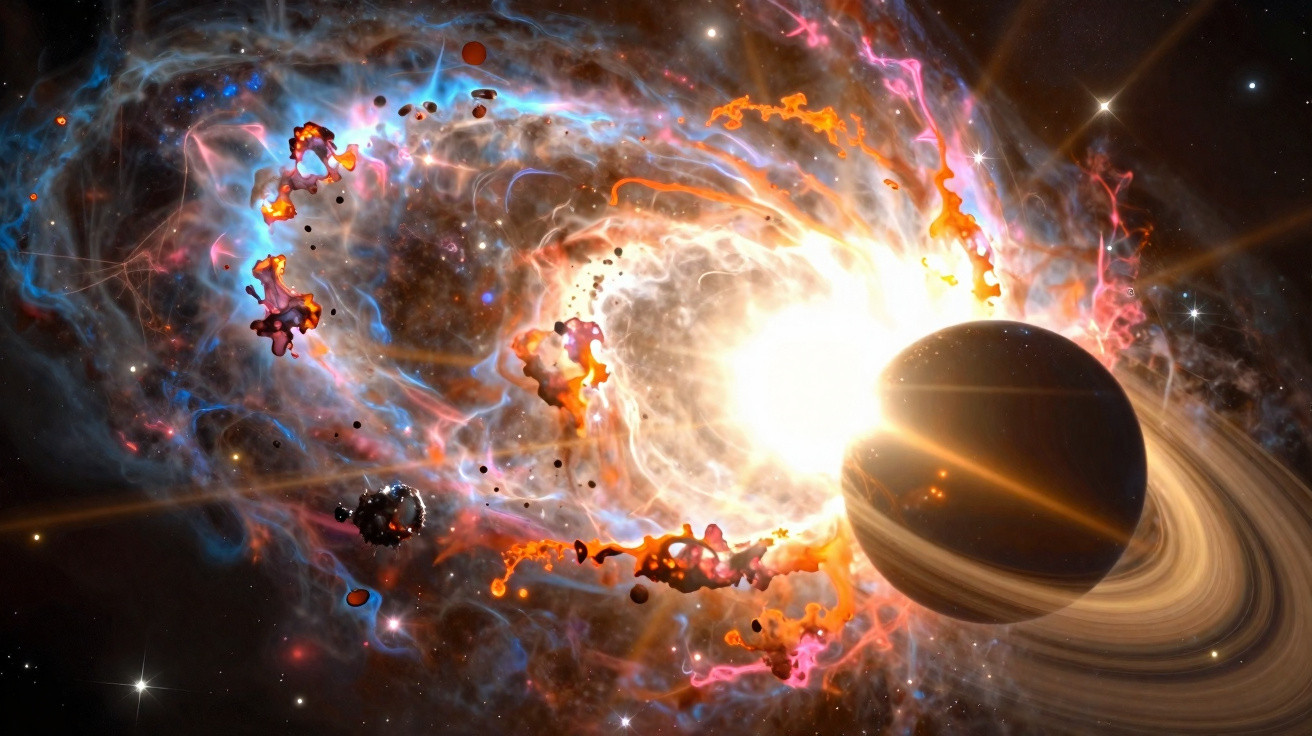 Planeta com anéis em destaque na frente de uma nebulosa colorida brilhante no espaço.