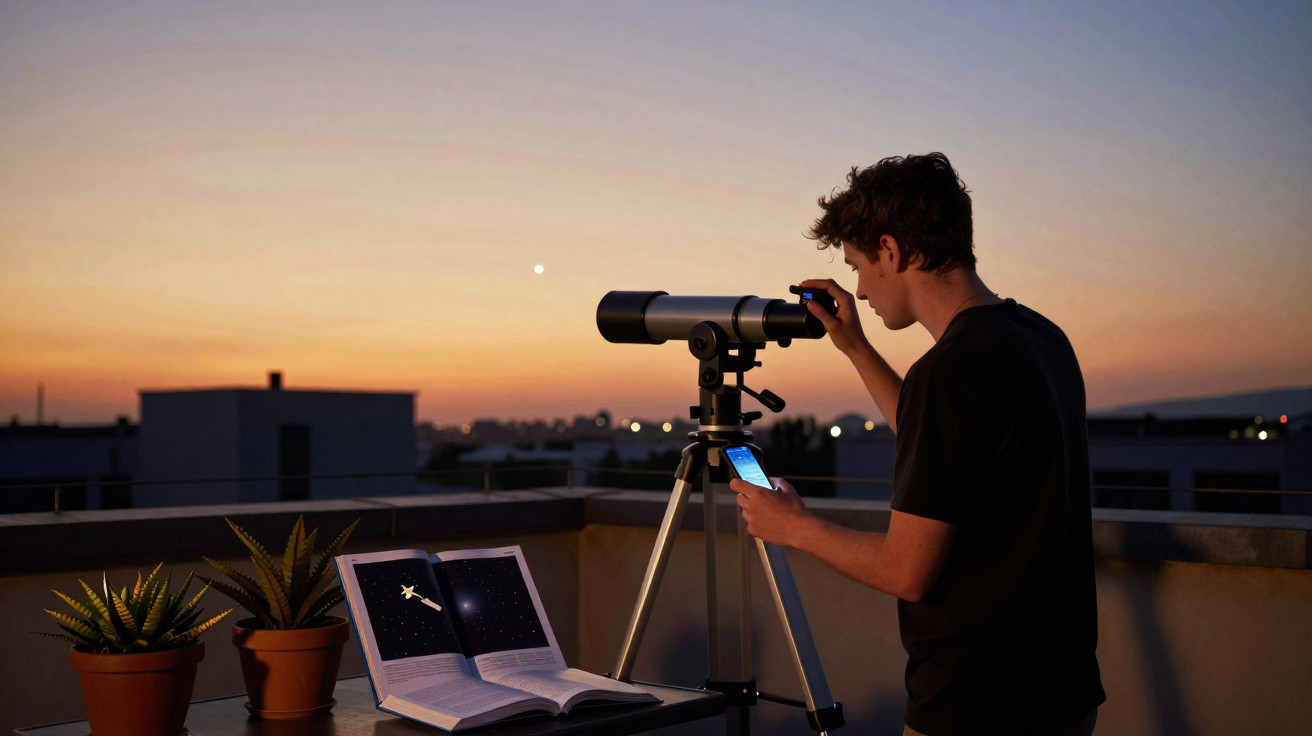 Jovem observa o céu ao entardecer com telescópio em varanda, com livro e plantas ao lado.