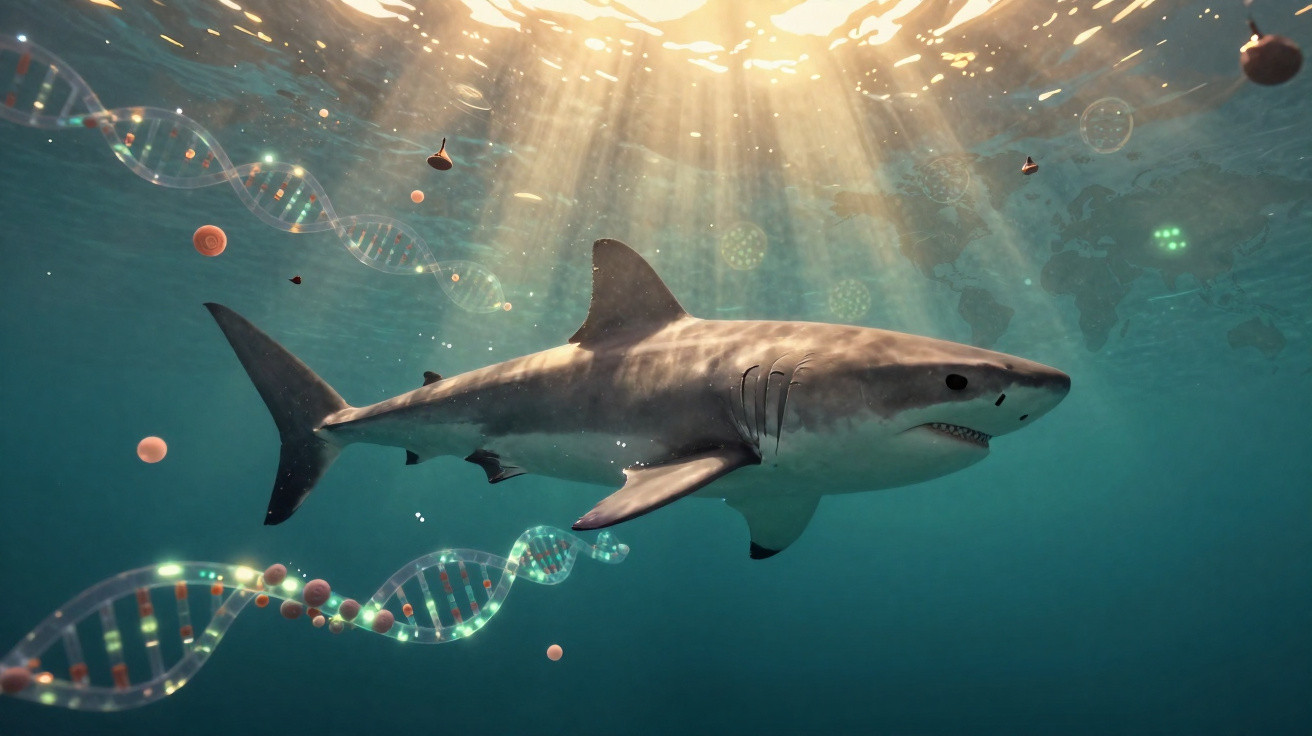 Tubarão nadando em águas claras com hélices de DNA e raios de luz solar penetrando o oceano.