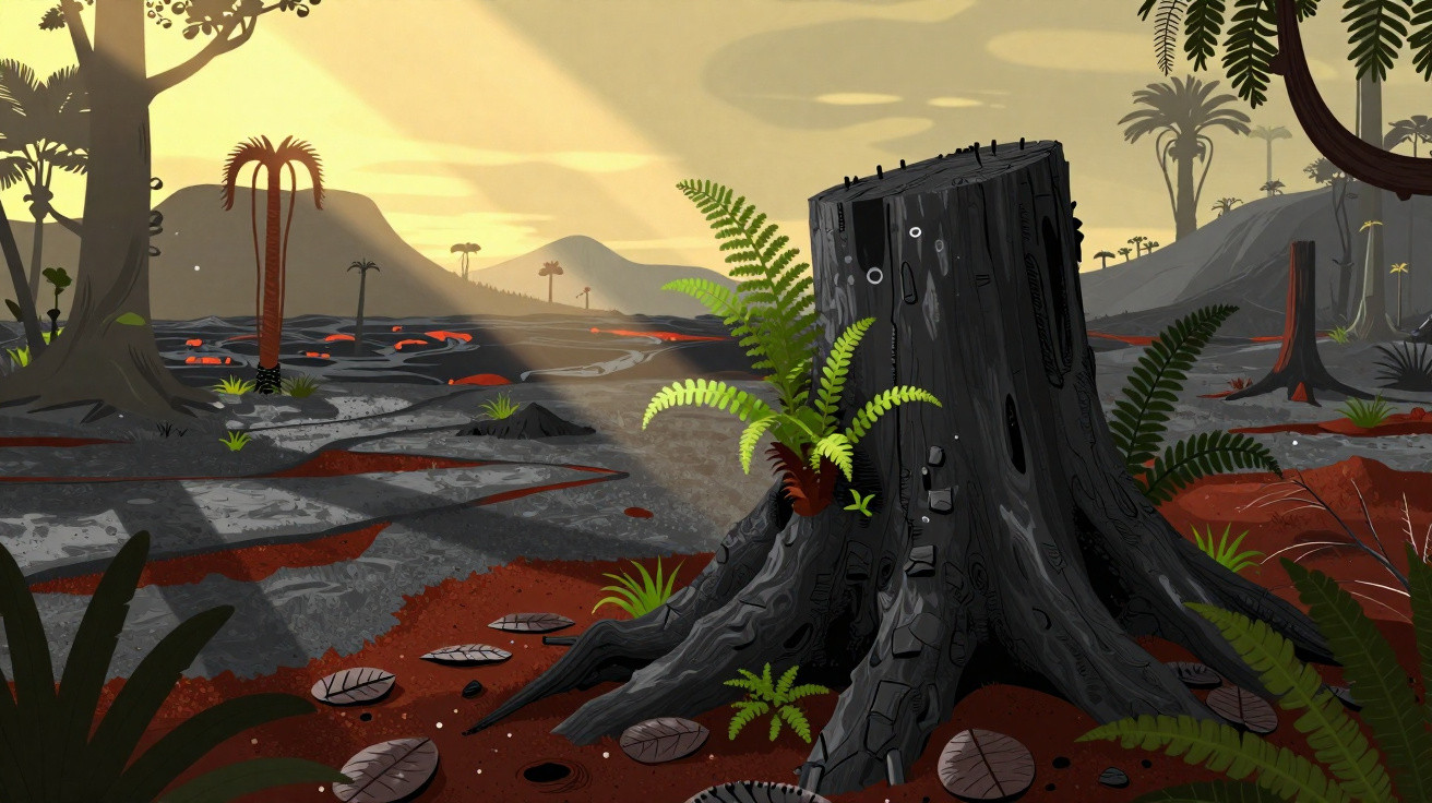 Ilustração de floresta vulcânica devastada com toco de árvore que tem olhos, vegetação rasteira e lava no chão.