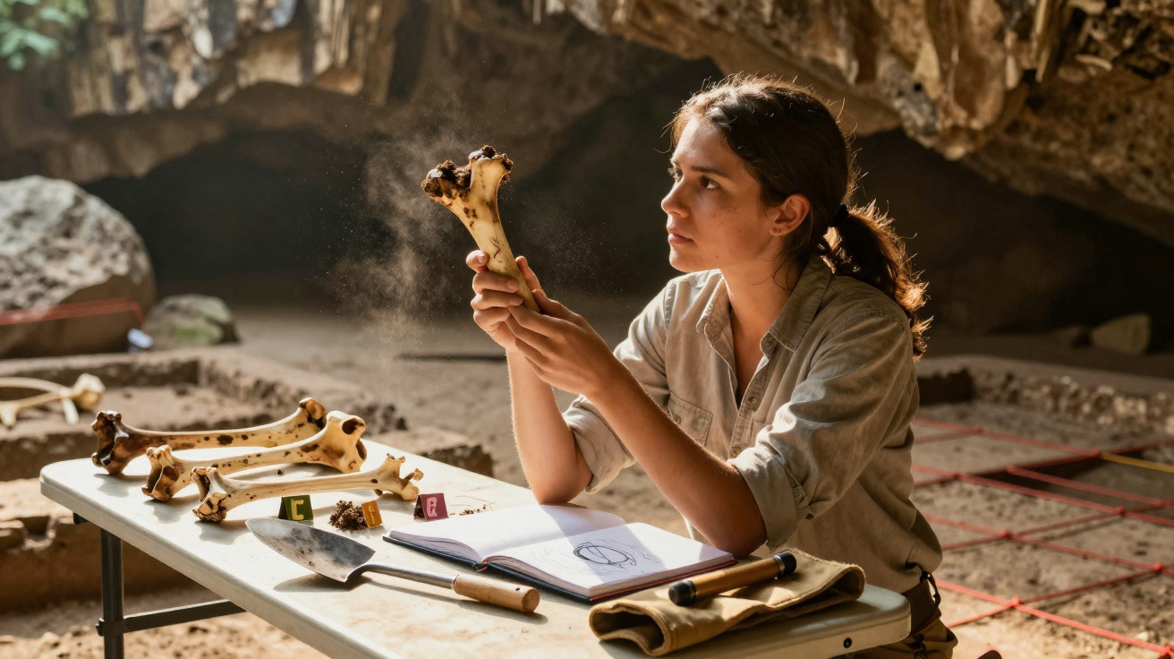 Mulher arqueóloga examina osso grande em sítio arqueológico dentro de uma caverna.