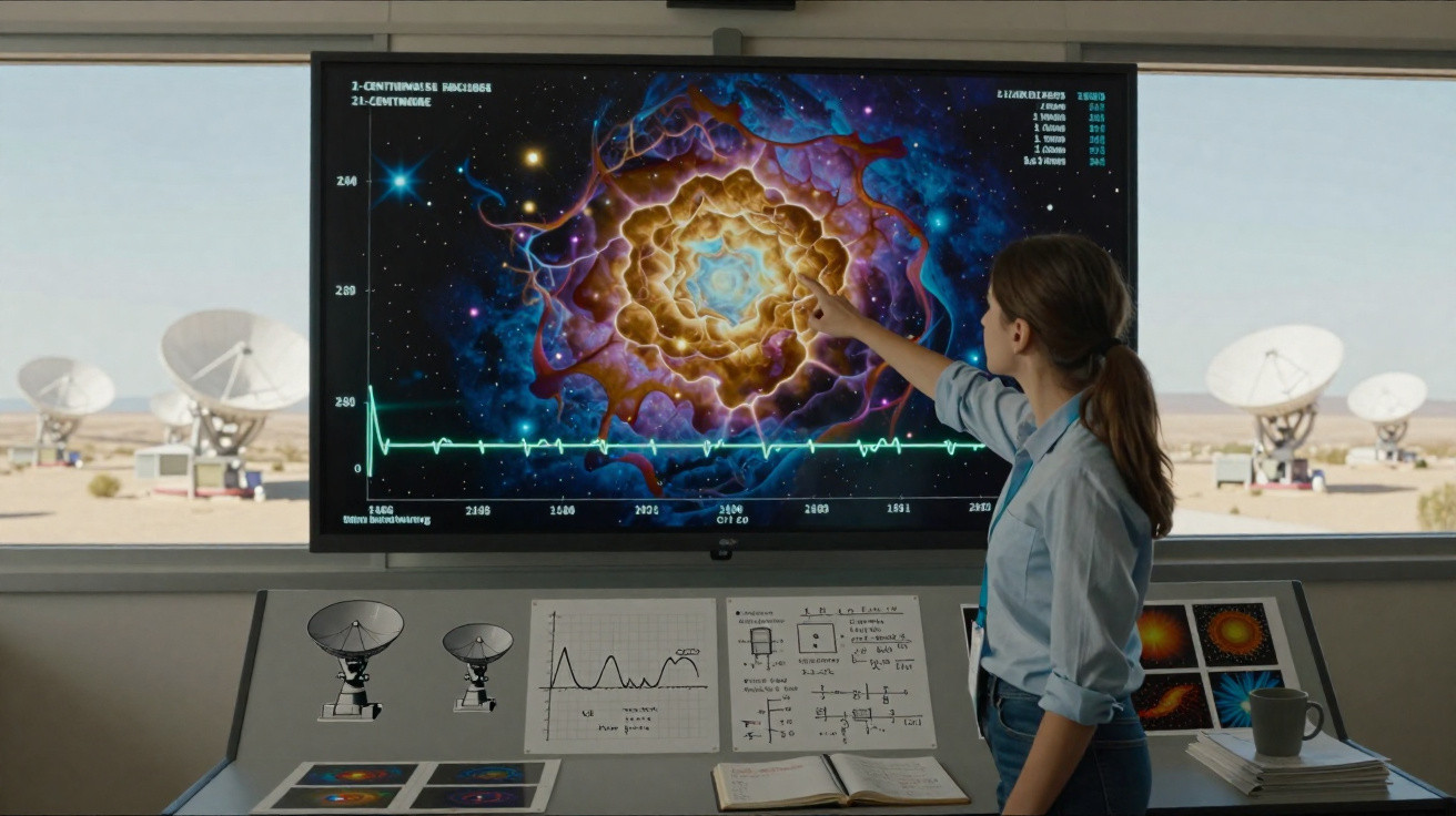 Mulher aponta para imagem colorida de nebulosa em tela grande dentro de sala com antenas parabólicas ao fundo.