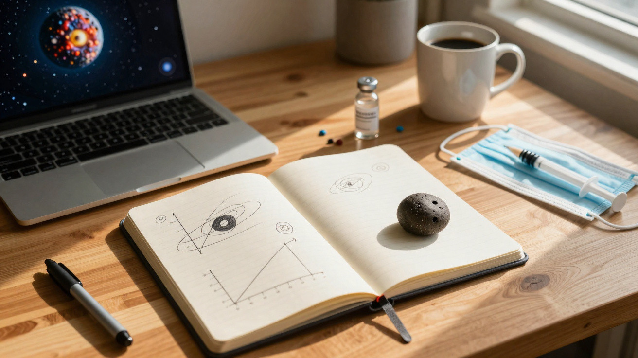 Mesa com notebook aberto mostrando planeta, caderno com gráficos, caneta, pedra, máscaras, seringa e café.