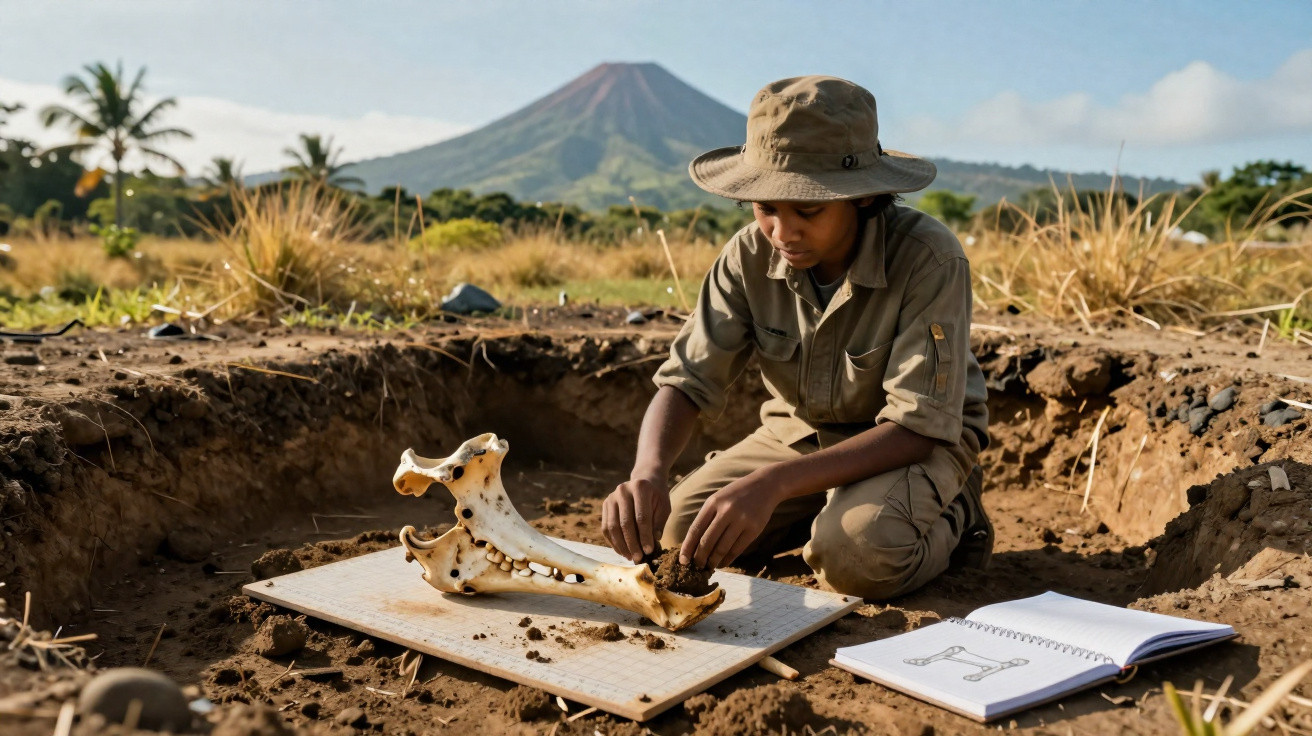 Jovem arqueóloga em sítio arqueológico analisa mandíbula fossilizada com vulcão ao fundo.