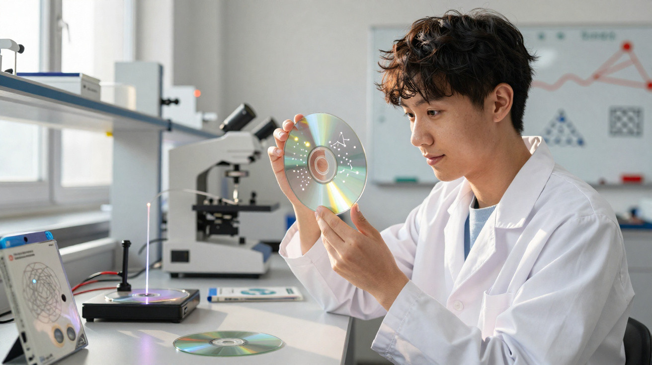Jovem cientista em laboratório analisando disco óptico com equipamentos científicos ao redor.