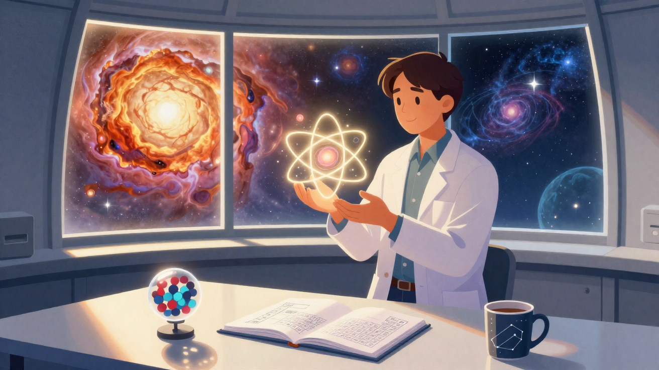 Cientista em laboratório segurando modelo atômico com espaço e galáxias ao fundo.