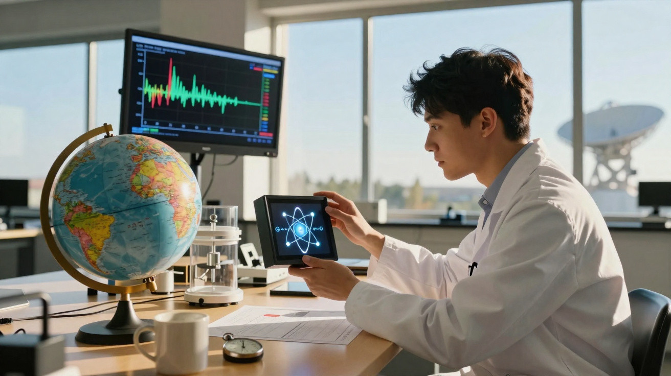 Jovem cientista em laboratório segurando tablet com imagem de átomo, ao lado de globo e monitor.