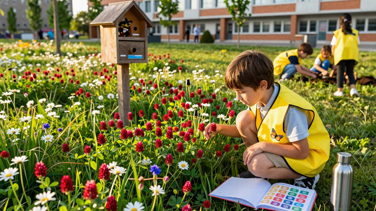 Criança observando flores vermelhas e brancas em um jardim, usando colete amarelo e com livro aberto no chão.