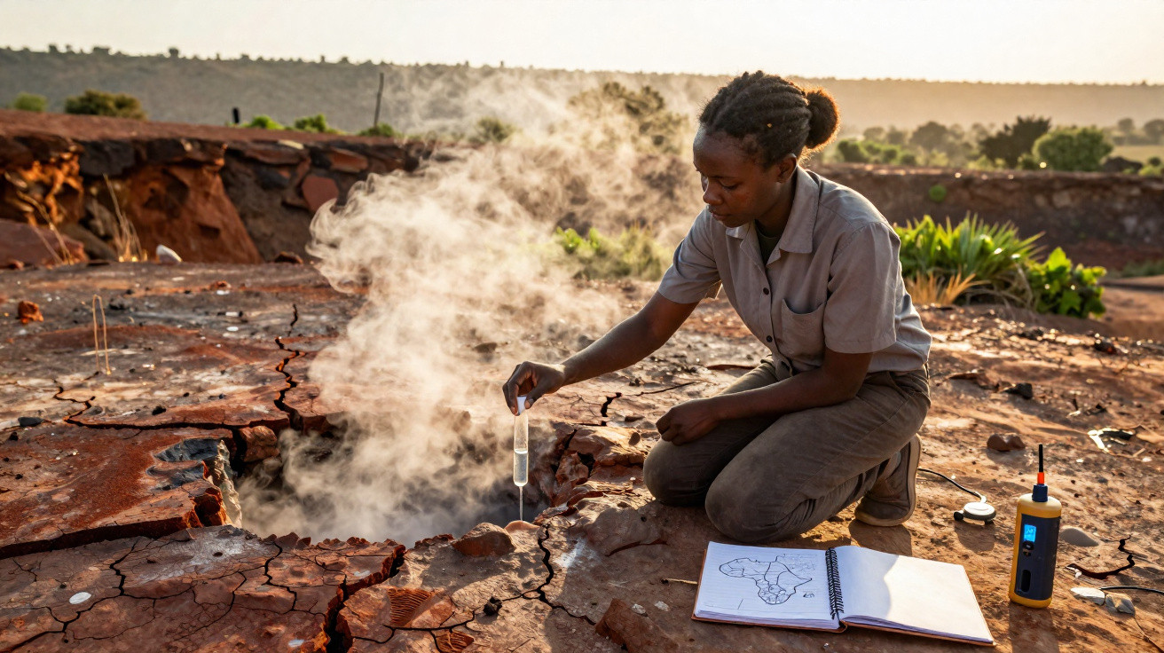 Mulher negra coleta amostra de fumaça em solo rachado ao ar livre, com caderno e dispositivo ao lado.