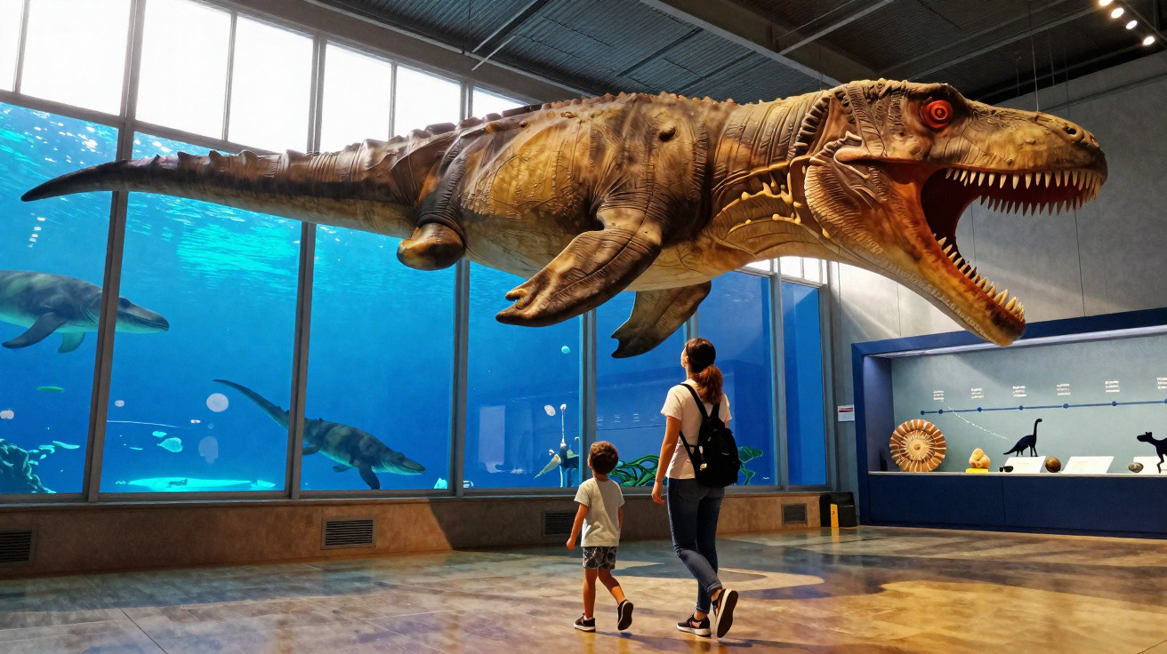 Criança e mulher observam réplica gigante de dinossauro marinho em museu com aquário ao fundo.