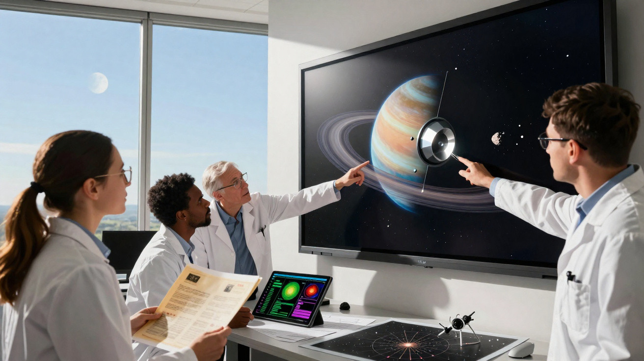 Grupo de cientistas estudando imagens de planeta e espaçonave em tela grande na sala iluminada.