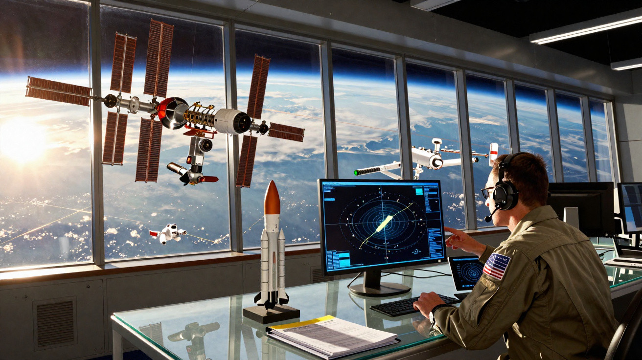 Homem com fone de ouvido monitora tráfego espacial com modelo de foguete e Estação Espacial em escritório futurista.