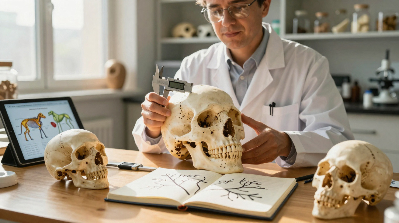 Cientista medindo crânio com paquímetro em laboratório com esqueletos e livro aberto.