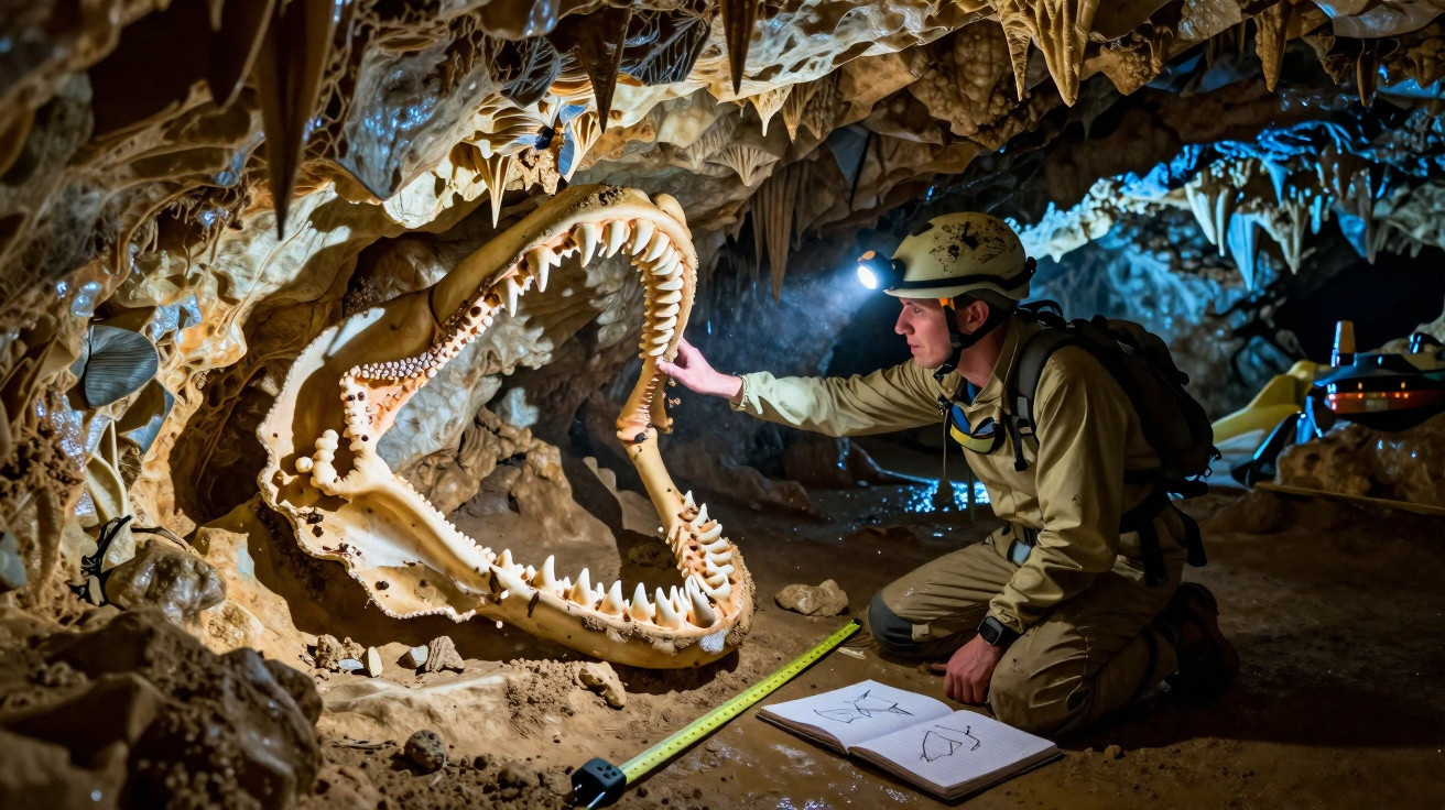 Explorador em caverna observa mandíbula fossilizada gigante iluminada por sua lanterna na cabeça.