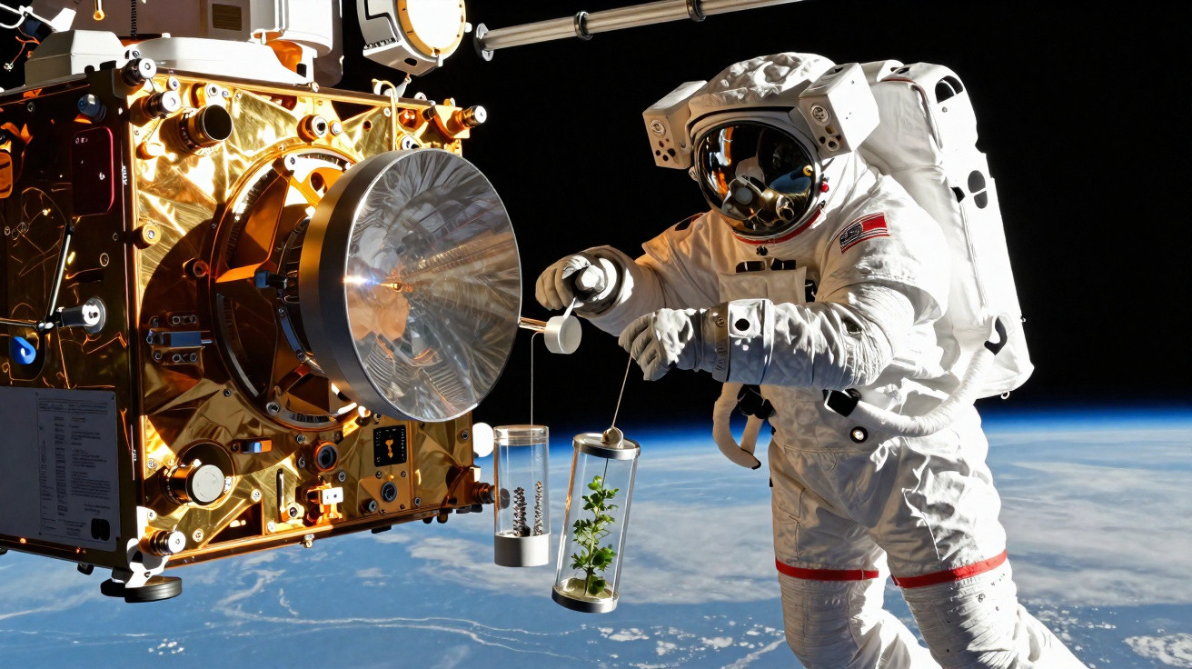 Astronauta em espaço com cápsulas de plantas e sementes próximo a equipamento dourado na estação espacial.