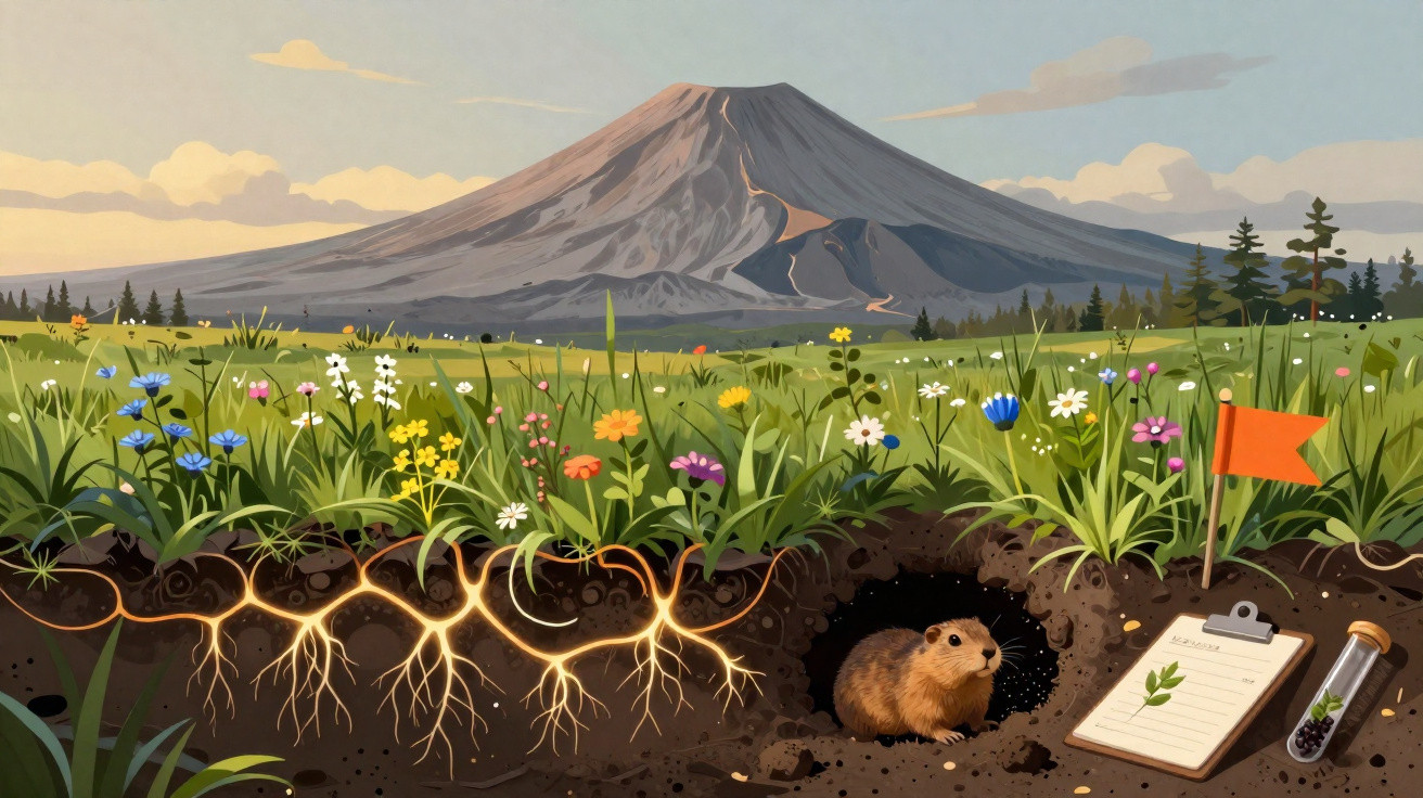 Ilustração de flores em campo com raízes subterrâneas, um castor em toca e uma montanha ao fundo.