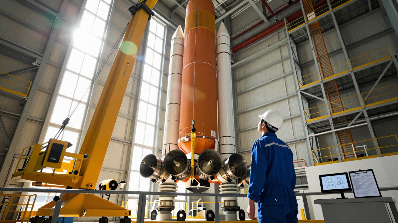 Engenheiro com capacete observa foguete laranja suspenso em hangar industrial iluminado.