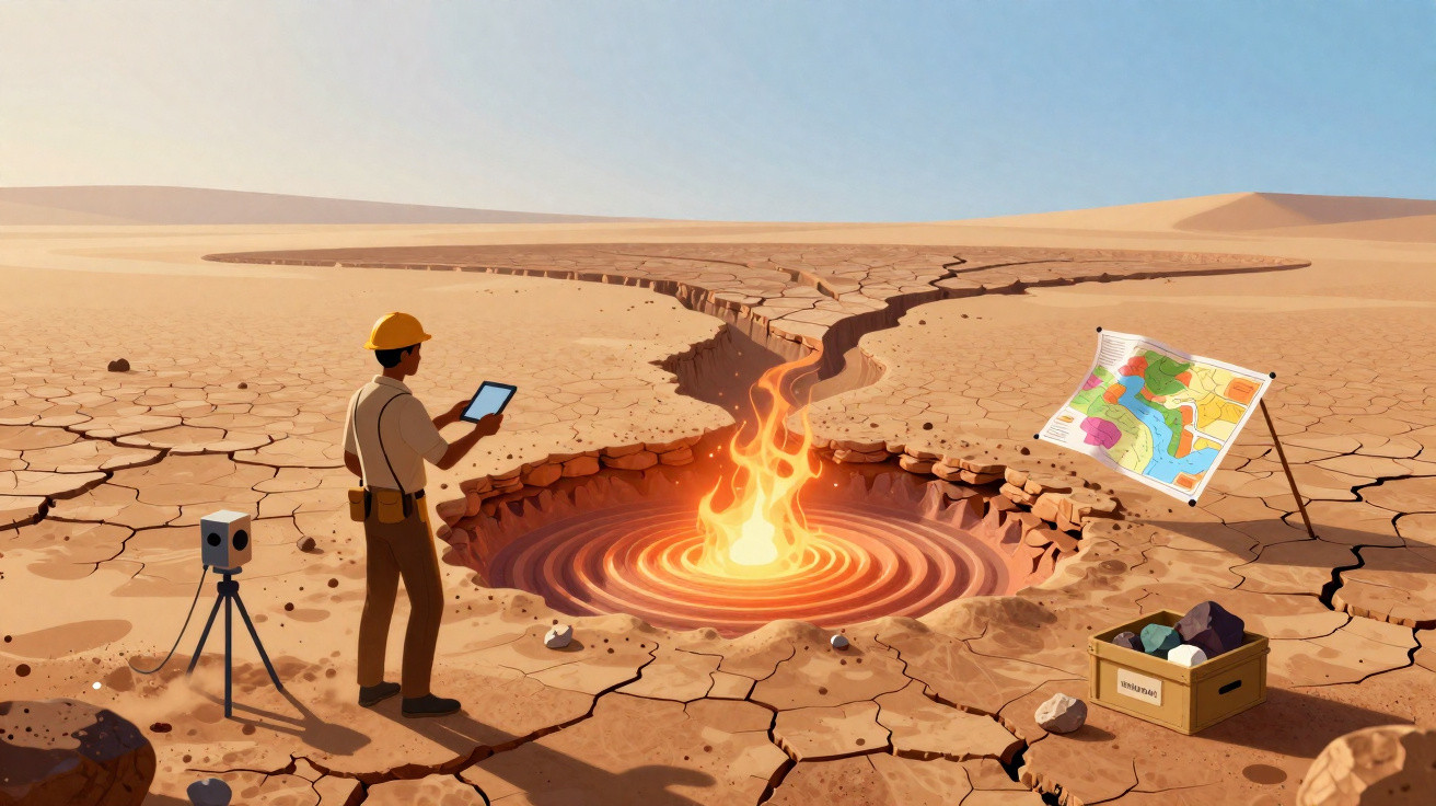 Cientista em deserto observando cratera com fogo e equipamentos de pesquisa e mapa ao redor.