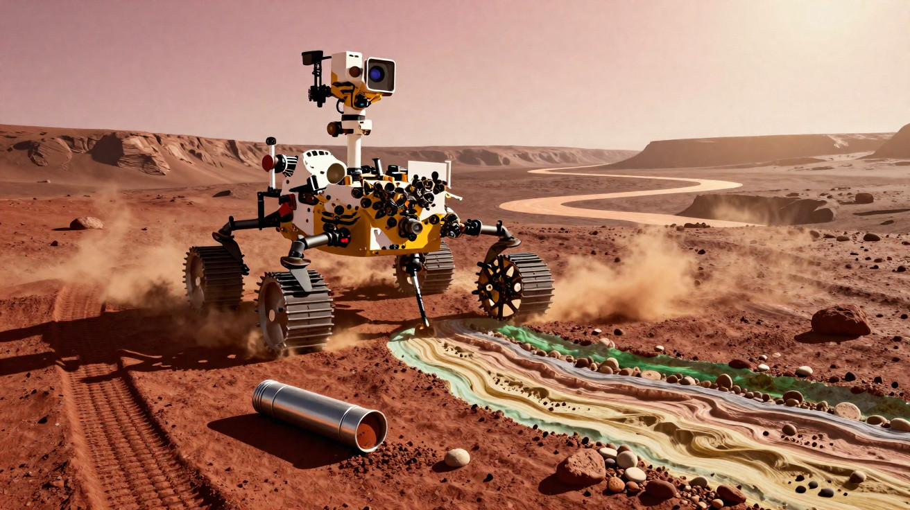 Rover explorando solo marciano, derramando líquido colorido em terreno árido e poeirento.