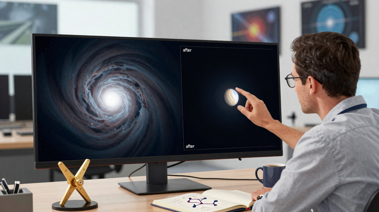 Homem analisando imagens de galáxia e planeta em monitor duplo em escritório moderno.