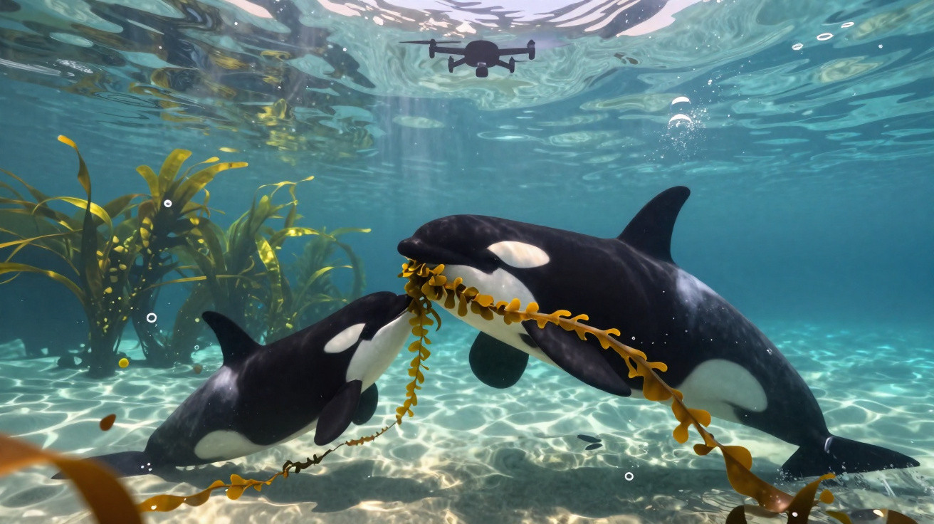 Duas orcas nadando sob a água, uma delas segurando uma alga amarela e um drone sobre a superfície.