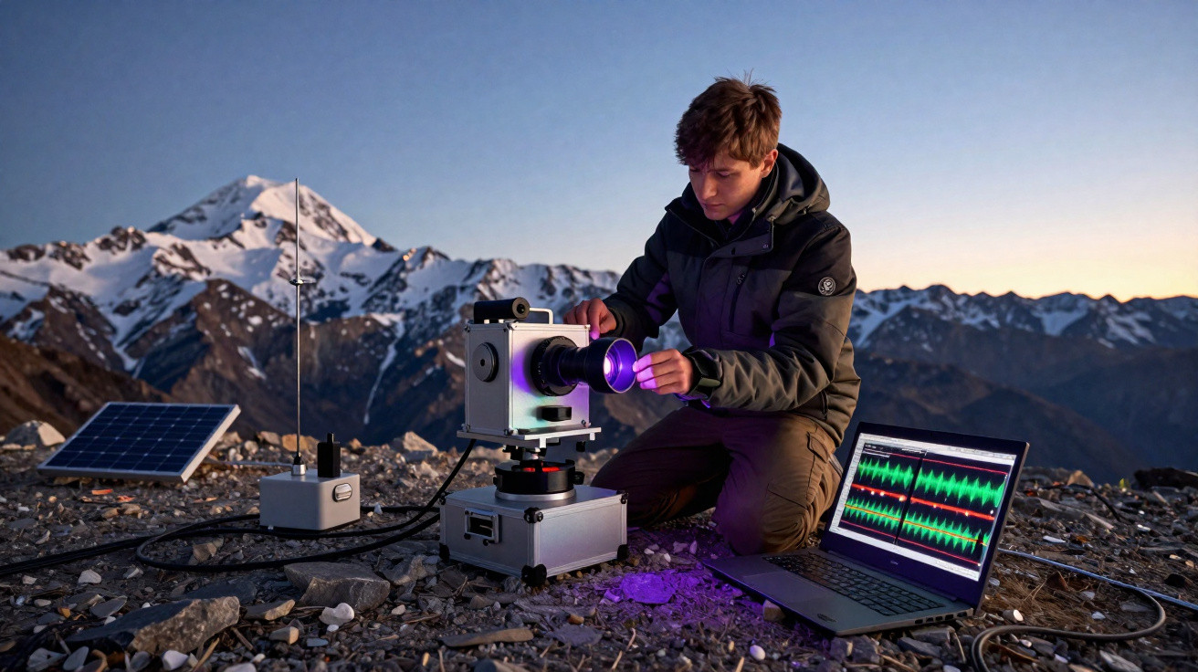 Jovem ajusta equipamento científico ao ar livre com laptop e painéis solares em montanha ao entardecer.