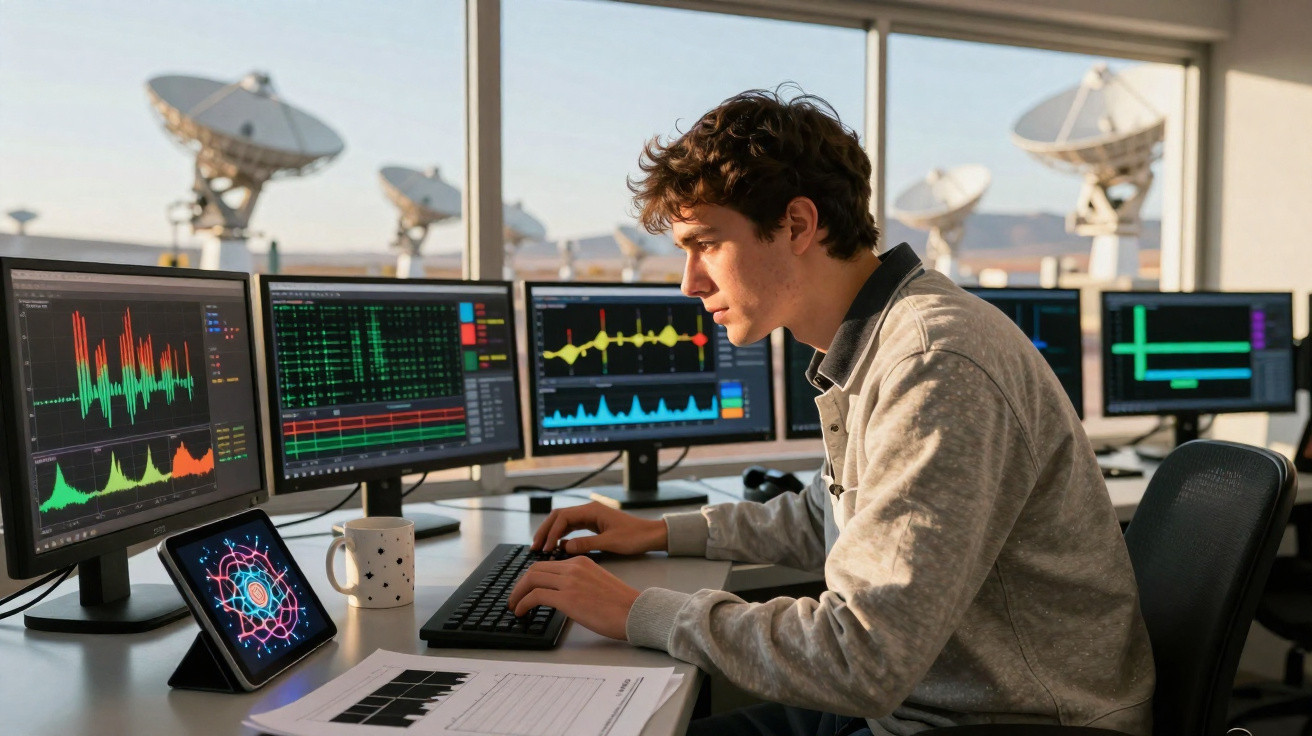 Pessoa jovem analisando gráficos em múltiplos monitores em sala com antenas parabólicas ao fundo.