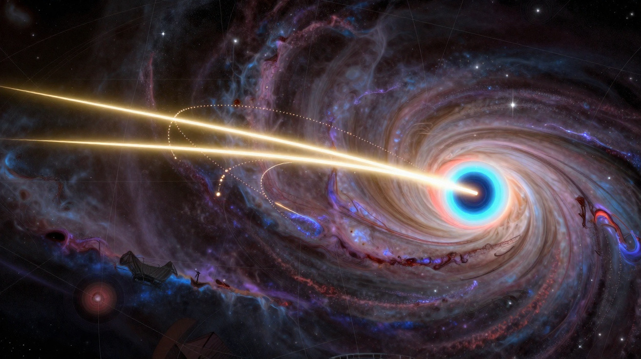 Buraco negro no espaço emitindo jatos de luz intensa em meio a uma galáxia espiral colorida.
