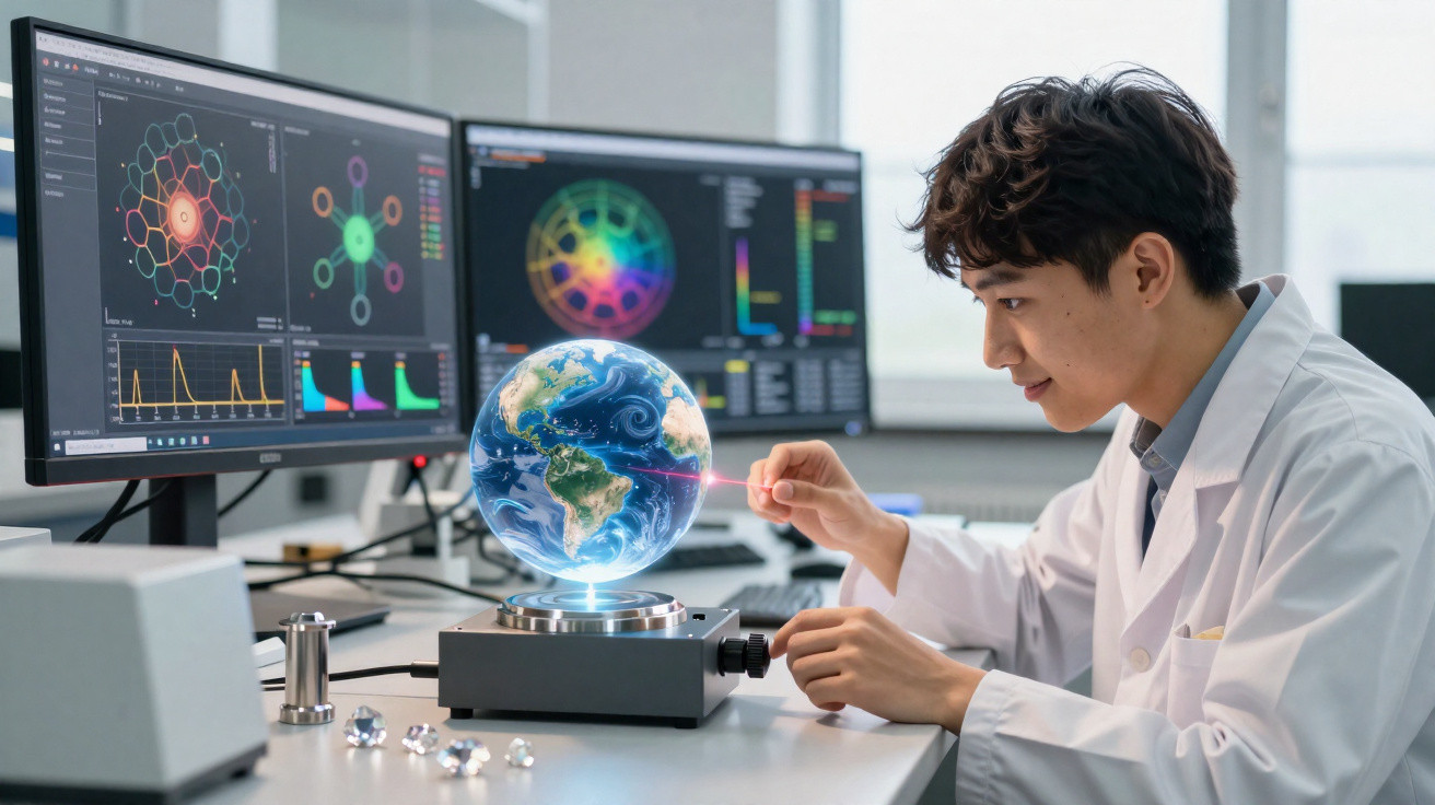 Cientista em laboratório interage com holograma do planeta Terra flutuando sobre mesa.
