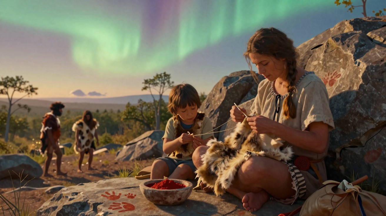Mulher e criança costurando pele de animal ao ar livre com aurora boreal ao fundo.