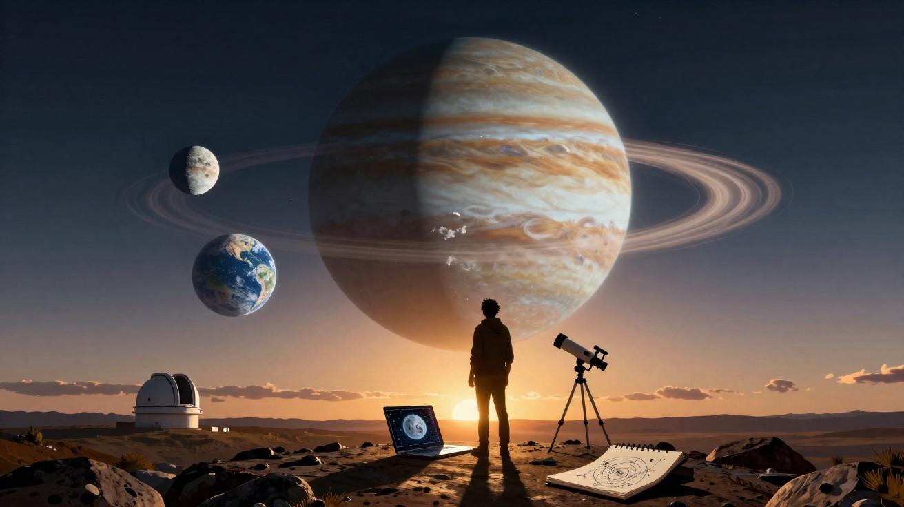 Pessoa observando planetas gigantes no céu ao pôr do sol com telescópio e caderno de anotações.