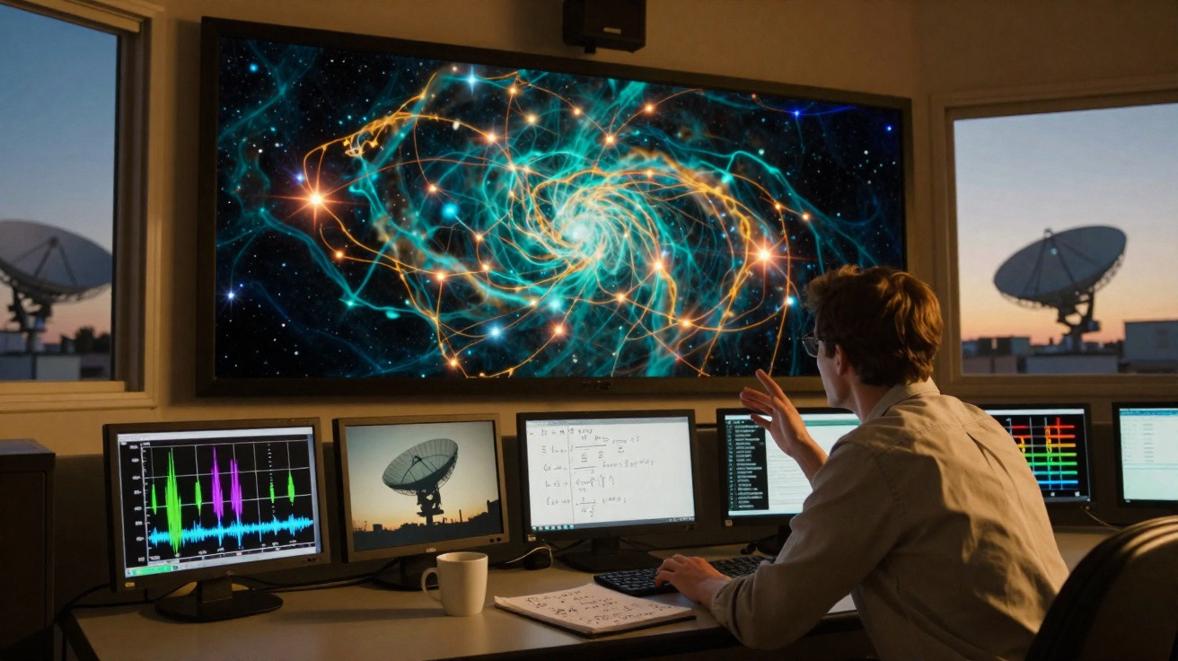 Pessoa analisando imagem de galáxia em tela grande com vários monitores e antenas parabólicas ao fundo.