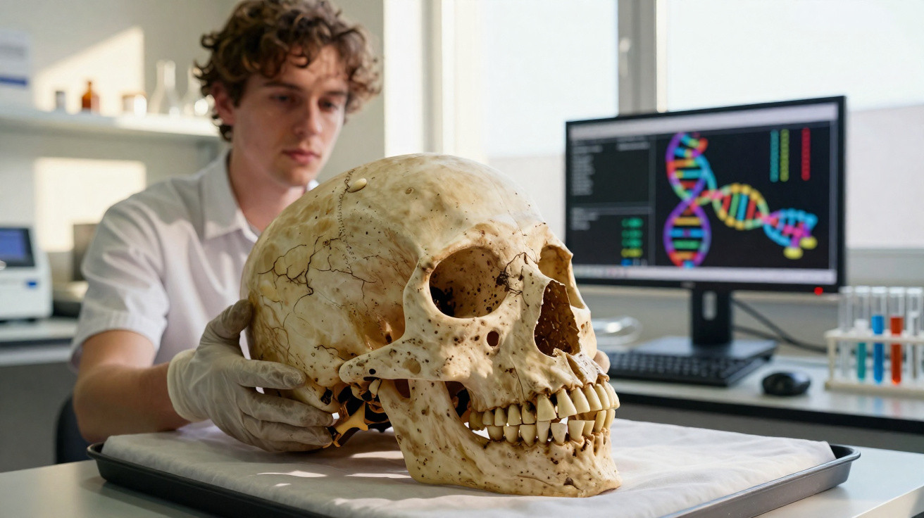 Homem com luvas manipula crânio humano em laboratório com tela mostrando hélice de DNA ao fundo.