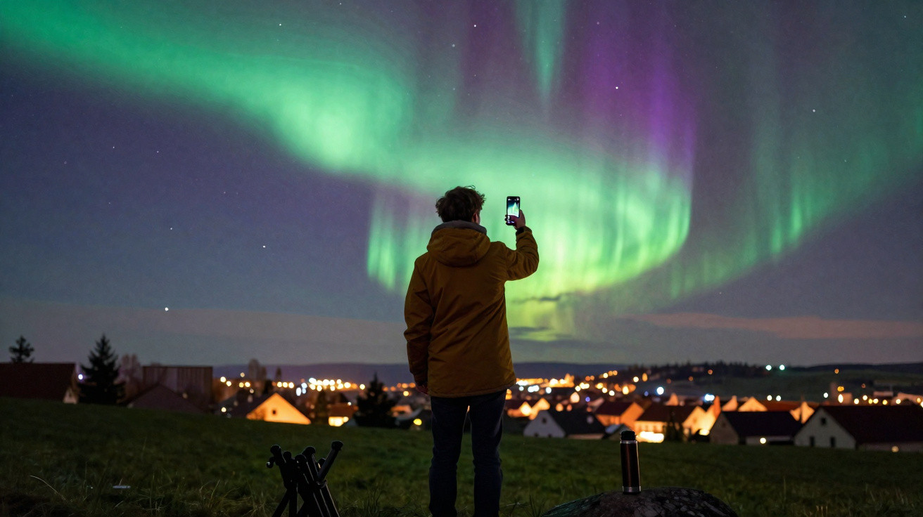 Pessoa de costas fotografando aurora boreal à noite acima de uma cidade com casas iluminadas.