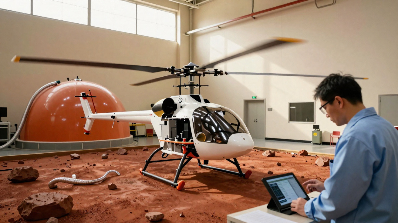 Helicóptero experimental em solo vermelho com pesquisador operando tablet em laboratório simulado.