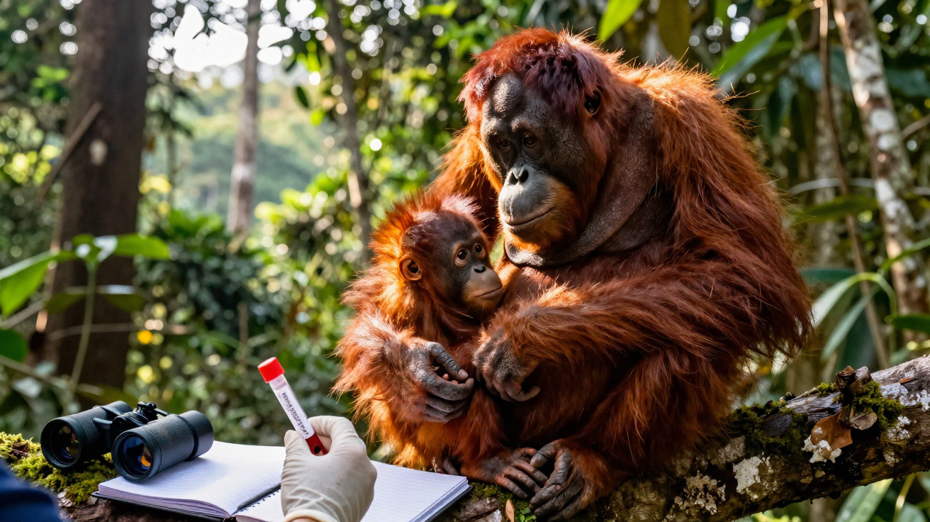 Orangotango adulto abraça filhote enquanto pesquisador segura tubo de ensaio, caderno e binóculos na floresta.