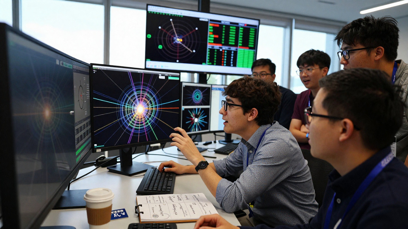 Pessoas em laboratório observando dados científicos complexos em vários monitores de computador.