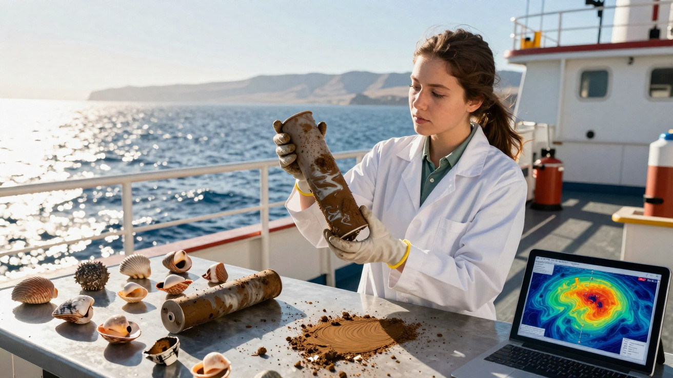 Cientista mulher examina amostra de sedimento marinho em navio com conchas e laptop ao lado.