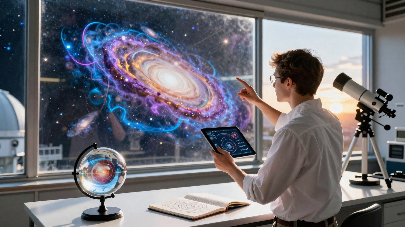 Jovem observando galáxia holográfica, segurando tablet em sala com telescópio e globo terrestre.