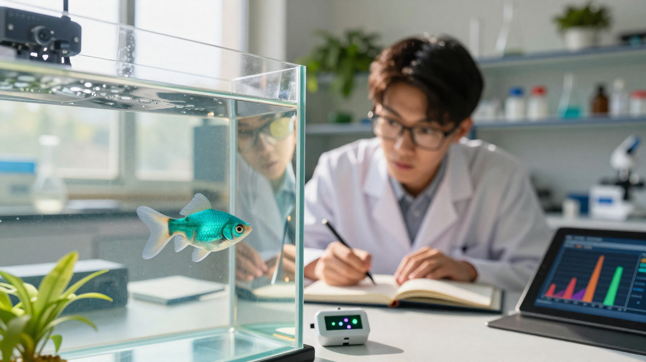 Cientista observa peixe azul em aquário enquanto anota dados em laboratório com gráficos em tablet.