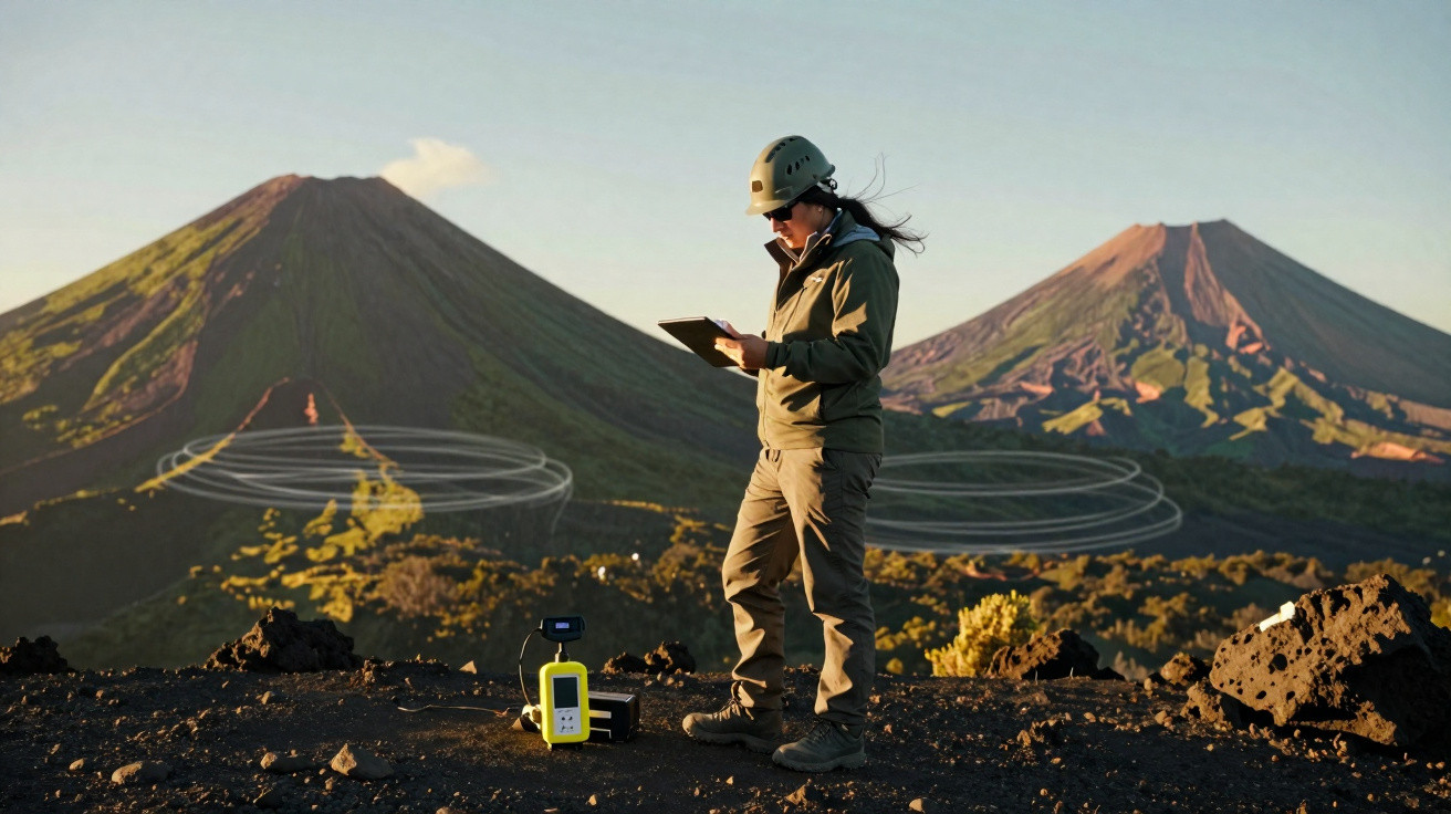 Cientista com capacete usa tablet perto de equipamento em solo vulcânico com dois vulcões ao fundo.