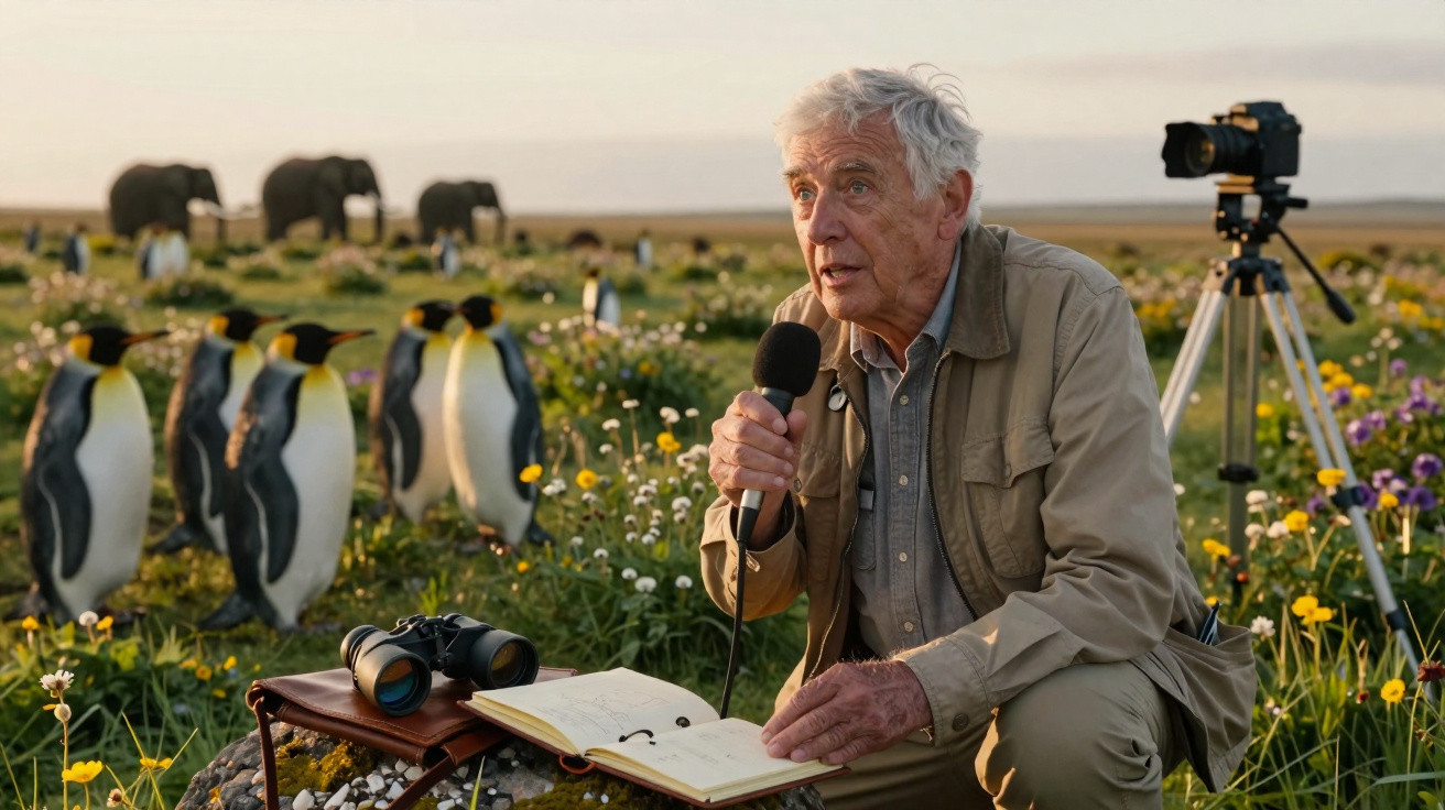 Homem idoso com microfone e caderno observa pinguins em campo florido com elefantes ao fundo.