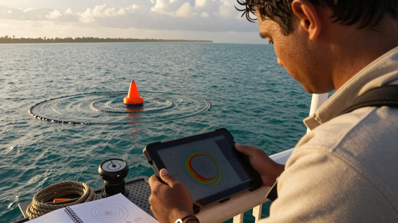 Homem segurando tablet com gráfico colorido próximo a bóia laranja flutuando no mar em um dia nublado.