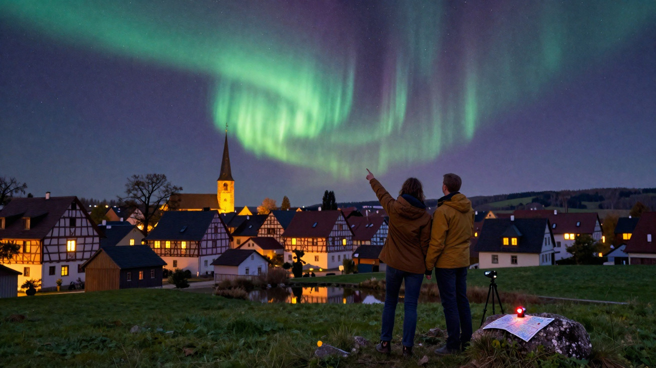 Casal observa aurora boreal sobre vilarejo europeu iluminado à noite.