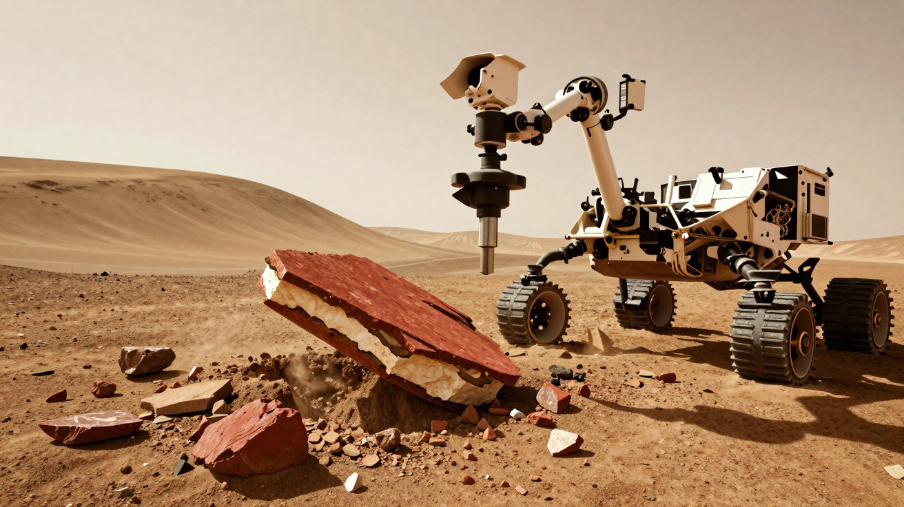 Rover explorando superfície marciana ao lado de grande rochedo vermelho parcialmente desenterrado.