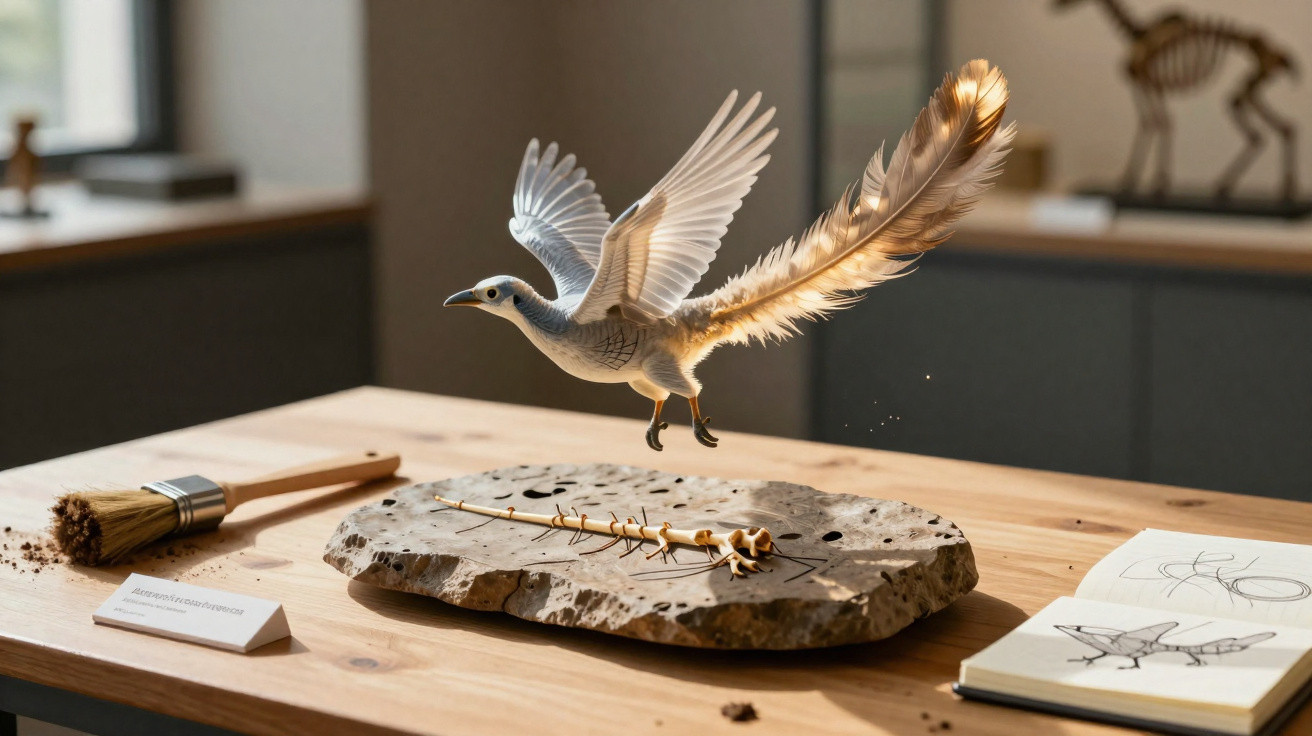 Fóssil e modelo animado de arqueopterix em exibição sobre mesa de madeira em museu.
