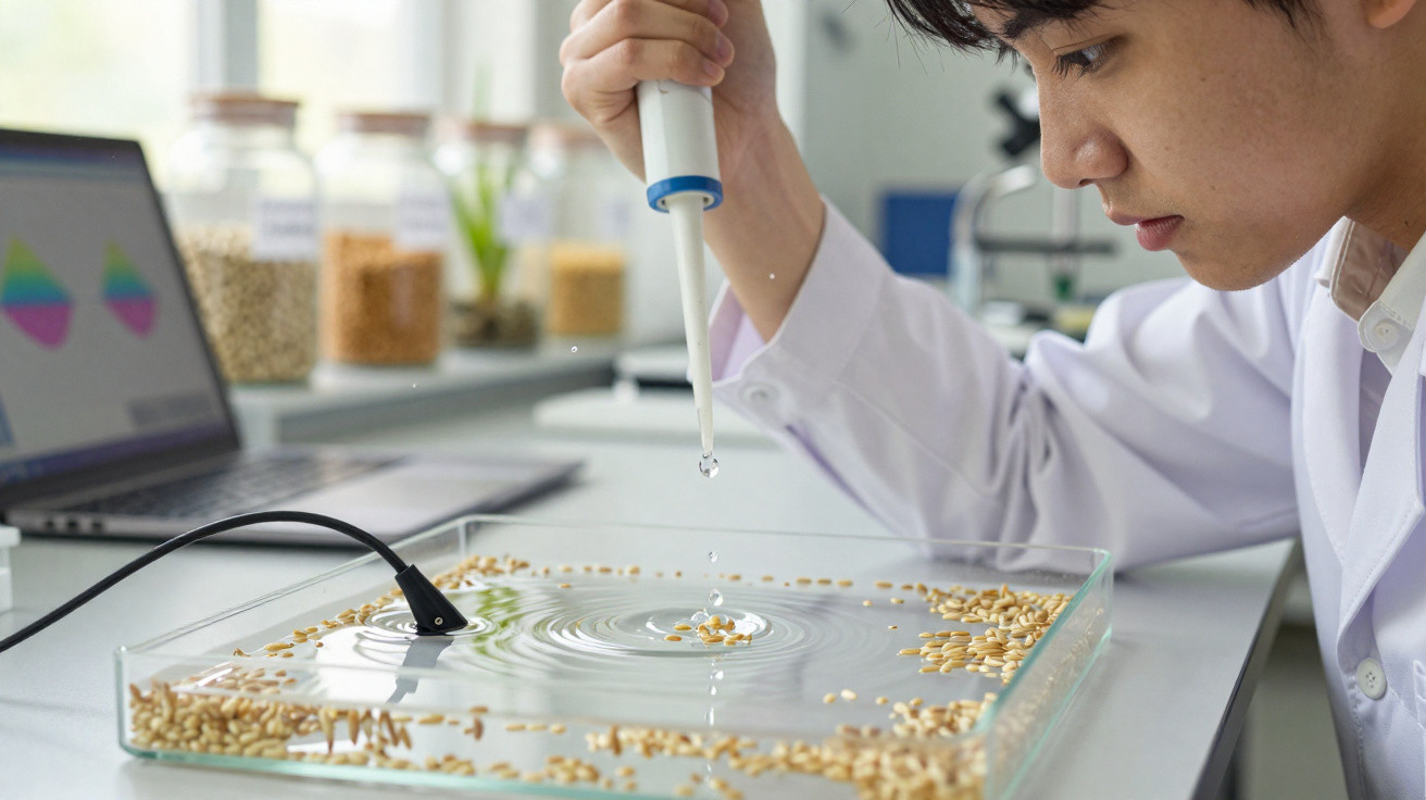 Cientista em jaleco usando pipeta para adicionar líquido em recipiente com grãos em laboratório.