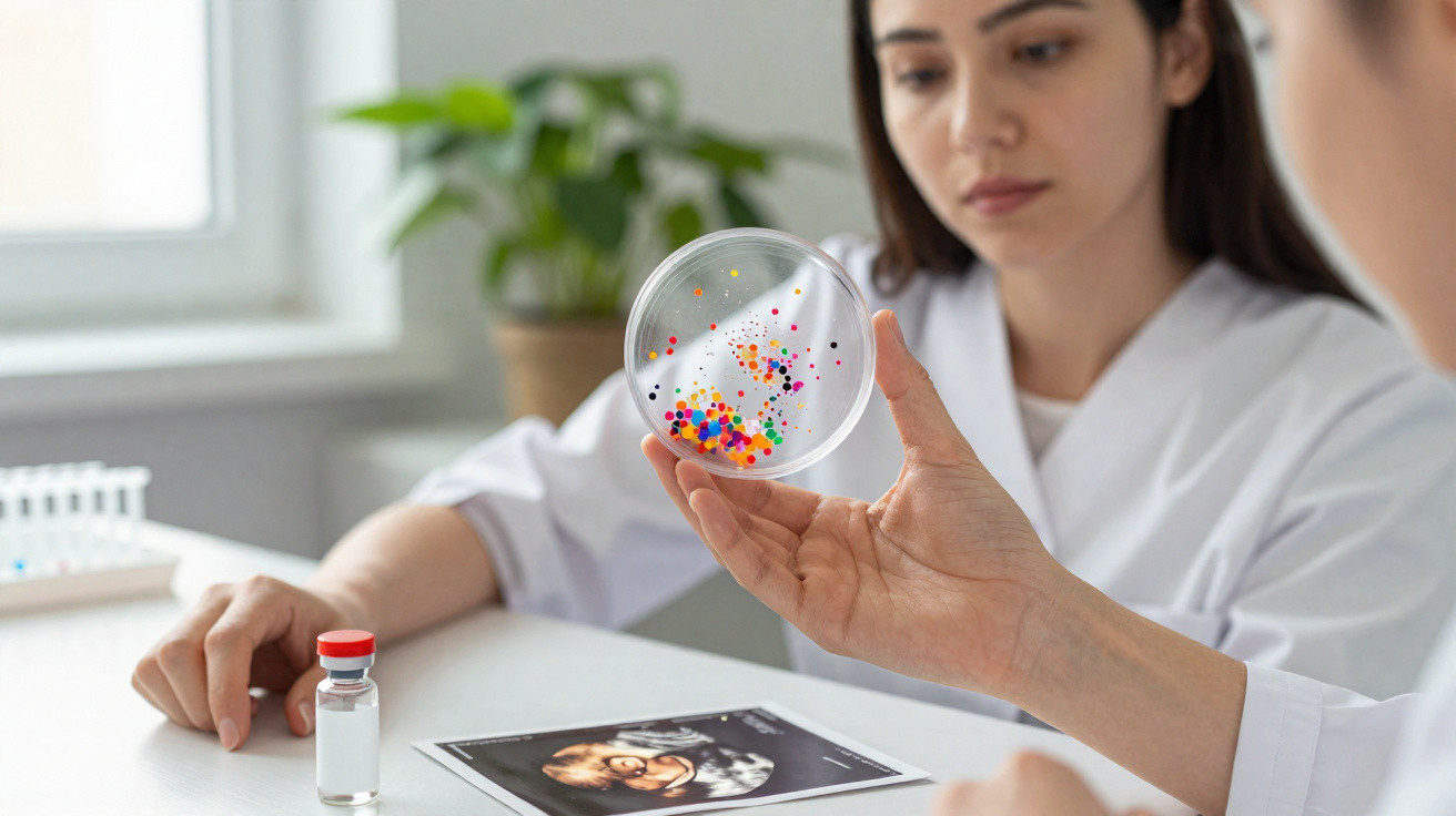 Pesquisadores analisam amostra colorida em placa de Petri durante estudo em laboratório.