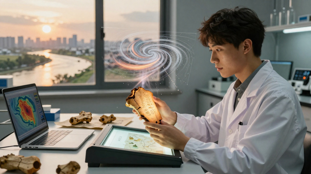 Cientista analisa fóssil com holograma espacial em laboratório moderno durante o pôr do sol.