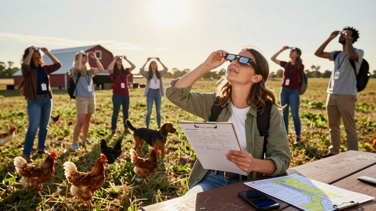 Grupo de pessoas em campo aberto observando o céu com óculos especiais durante um eclipse solar.